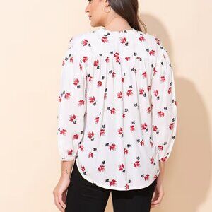White Floral Printed Placket V-Neck Gathered Top - L